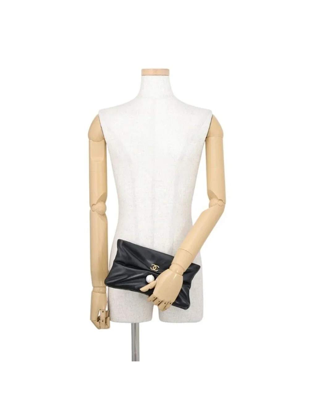 Chanel Chain Shoulder Bag CC Logo Clutch Faux Pearl Shiny Lambskin 2-Way Black